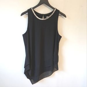 db Black Asymmetric Sleeveless Top With Gem Rhinestone Lined Neckline